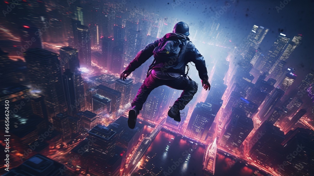 Thrilling BASE Jumper Soaring from Urban Skyscraper Amidst Neon Cityscape - Cyberpunk Aesthetics, Ultra-Wide Perspective
