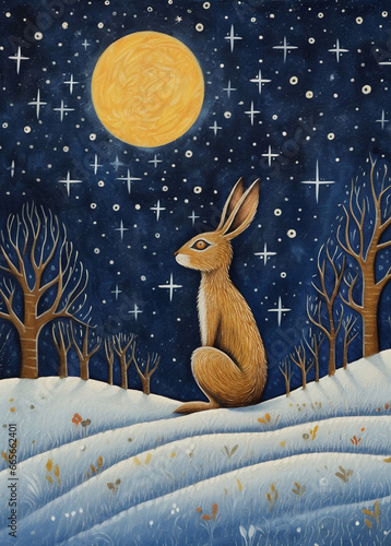 hare on a hill, hill with a full moon,  pagan naive art photo