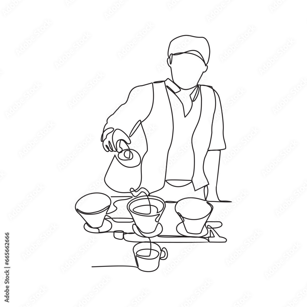 One continuous line drawing of people activity in coffee shop. Coffee shop activity design in simple linear style illustration. Suitable design for coffee shop business promotion vector illustration