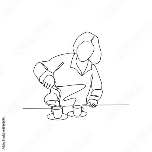 One continuous line drawing of people activity in coffee shop. Coffee shop activity design in simple linear style illustration. Suitable design for coffee shop business promotion vector illustration