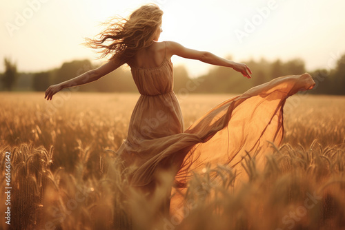 Young woman feeling relieved in beautiful nature, enjoying the summer, dancing with opened arms on the wind photo