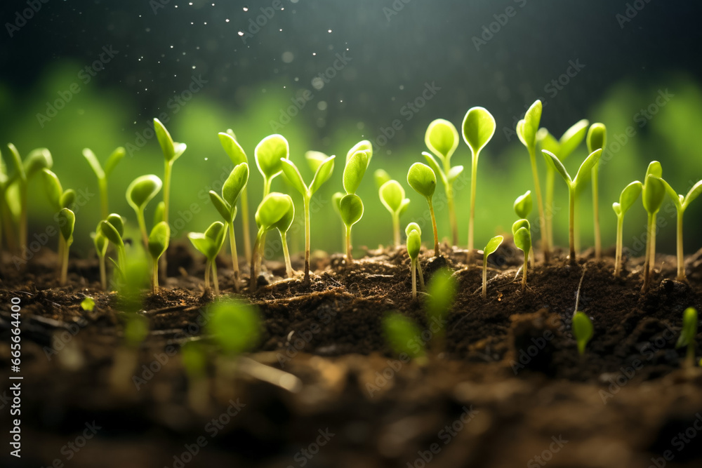 Young plants growing up on ground with raining drop. Planting tree, environment, background.
Young plants growing up on ground with raining drop. Planting tree, environment, background.