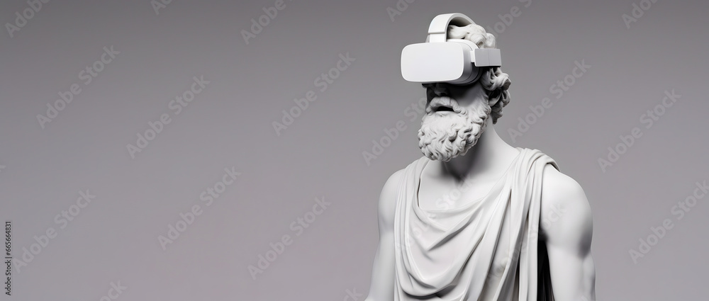 Greek man statue with MR headset isolated on grey background. - obrazy, fototapety, plakaty 