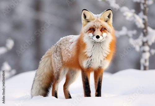  Red fox standing on snow. © Anowar