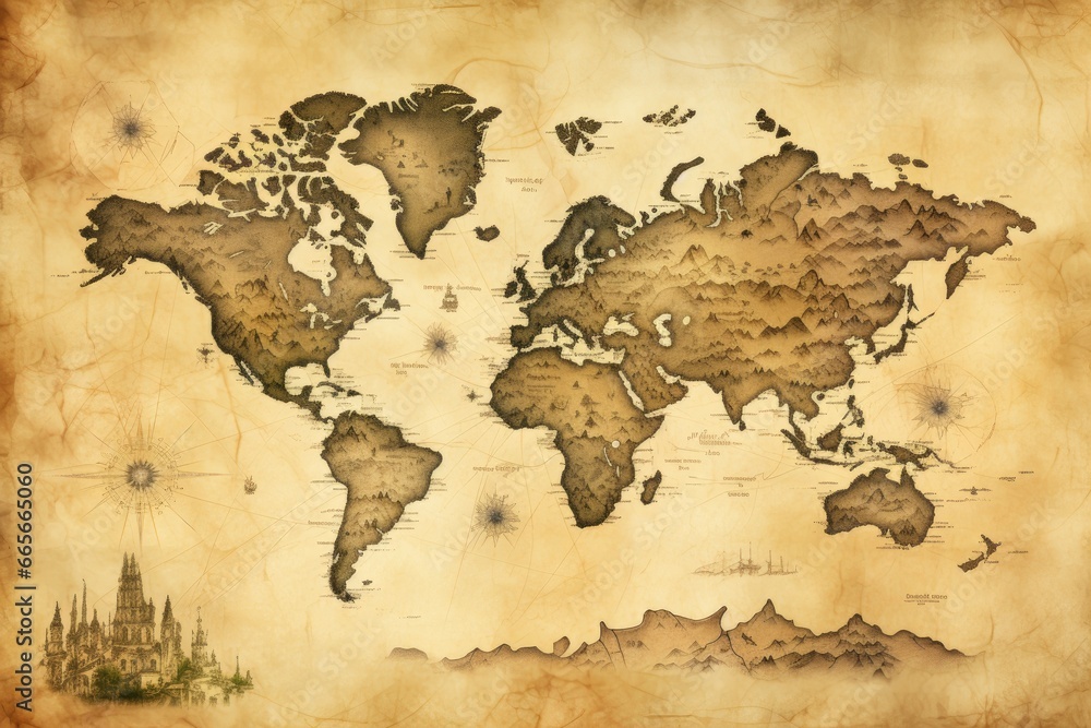 Great detailed illustration of the world map in vintage style.