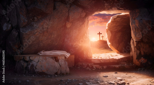 Resurrection Of Jesus Christ, Tomb Empty With Shroud And Crucifixion At Sunrise photo