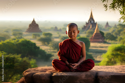 Buddhist young monk in meditation on cliff in Bagan, Myanmar