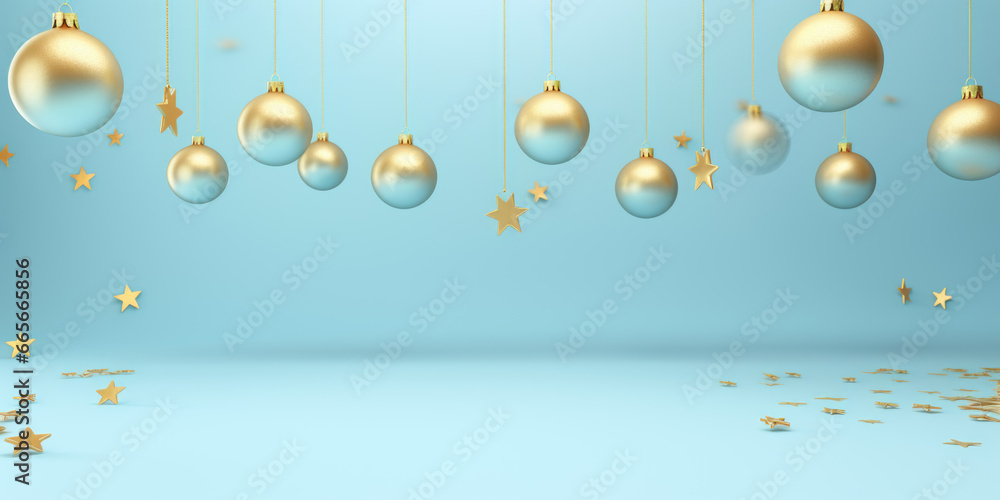 Fototapeta premium Christmas background with snowflakes and christmas balls in blue and gold tones