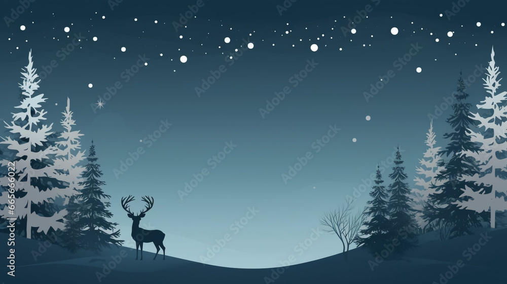 copy space, stockphoto, flat vector illustration, caratoon style, Holiday card with deer. Merry christmas and happy new year concept. Background