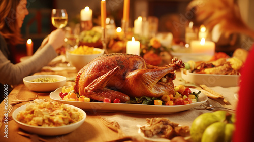 Family is together for dinner on thanksgiving day, enjoy eating and chatting
