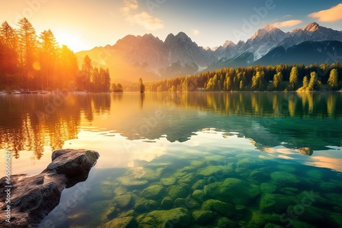 Impressive summer sunrise on Eibsee Lake with Zugspitze mountain range.