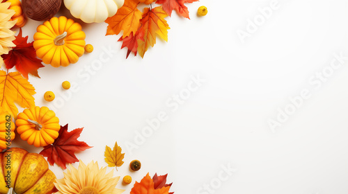 Christmas or Autumn Thanksgiving background. Pumpkins and maple leaves on white background