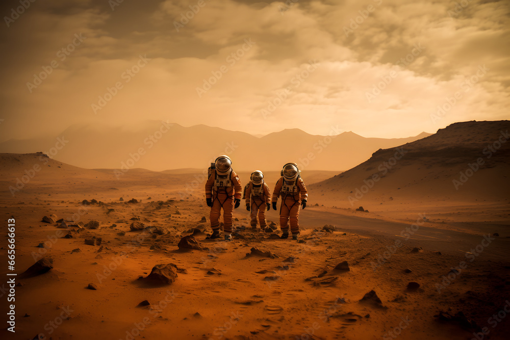 Three spacemen or astronauts walking on the Mars.