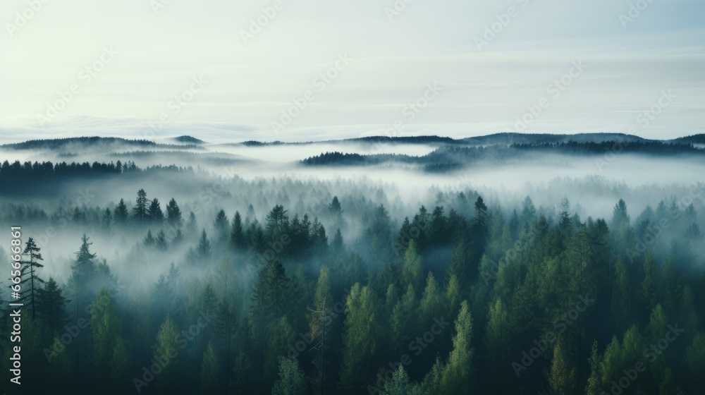 Fototapeta premium Nordic forest, forest landscape, foggy, evening time, foggy landscape in the jungle Fog and cloudy mountain tropic valley landscape aerial view, wide, misty panorama