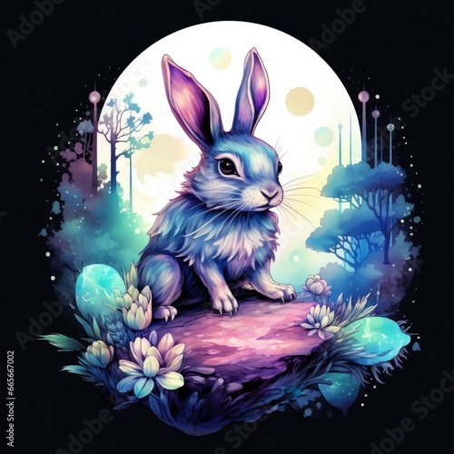 Wallpaper Mural Watercolor Rabbit and Glowing Moon for T-shirt Design. Torontodigital.ca