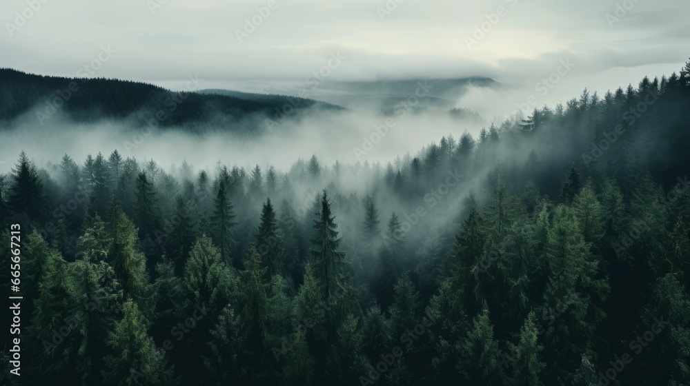 Nordic forest, forest landscape, foggy, evening time, foggy landscape in the jungle Fog and cloudy mountain tropic valley landscape aerial view, wide, misty panorama