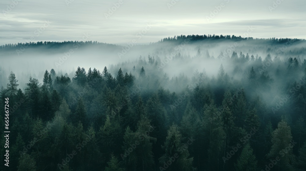 Obraz premium Nordic forest, forest landscape, foggy, evening time, foggy landscape in the jungle Fog and cloudy mountain tropic valley landscape aerial view, wide, misty panorama