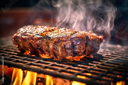 Meat grilling on a charcoal grill with smoke rising..