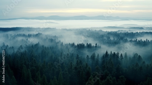 Nordic forest, forest landscape, foggy, evening time, foggy landscape in the jungle Fog and cloudy mountain tropic valley landscape aerial view, wide, misty panorama © ND STOCK