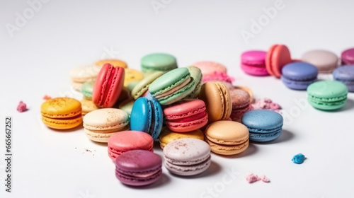 Macarons arranged in a tempting still life, a burst of sweet and colorful delight, vibrant and delectable desserts on white background