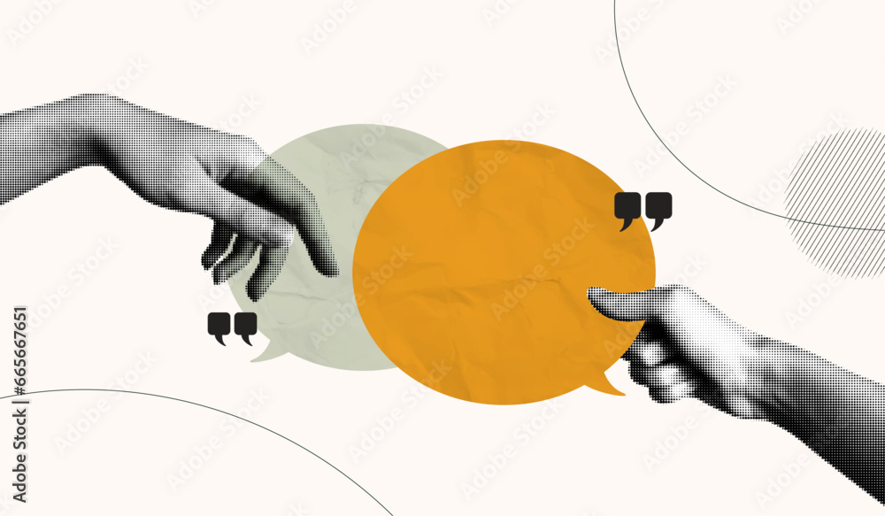 Trendy Halftone Collage with Hands holding two speech bubbles. Social media communication. Contemporary art. Empty space for quote, plan and idea. Creative abstract template. Vector illustration