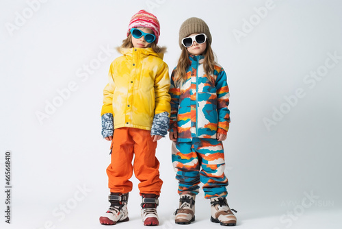 Two children with snowboarding gear in white background. Winter sports activities with kids. Ski resort ad, snowboard store, winter clothes. Banner and copy space.