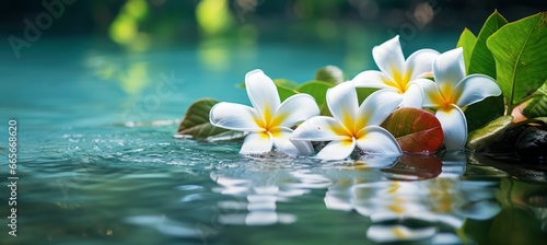 Plumeria flowers on green leaf floating on water. A peaceful and serene scene with a touch of nature and beauty.