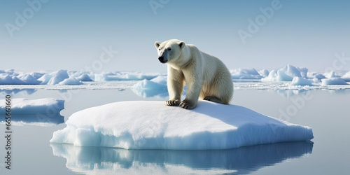 Polar bear on ice floe. Melting iceberg and global warming.