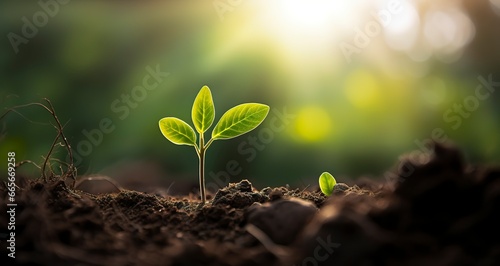 Small tree growing with sunshine in the garden. eco concept.