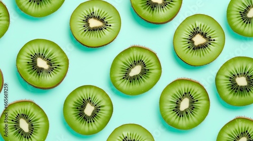 Slices of kiwi fruit and green mint leaves on a light pastel blue background. photo