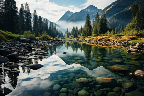 The yosemite river surrounded by mountains, in the style of romantic landscape vistas, glassy translucence, nikon d850, y2k aesthetic, mysterious backdrops, ai generative photo