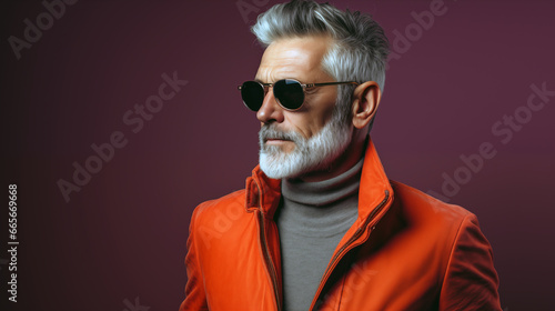 A grey-haired, stylish man in an orange coat and sunglasses