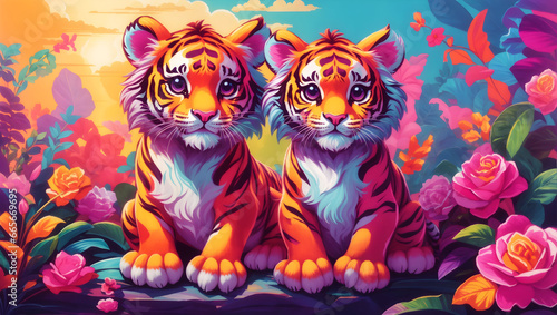 2 cute tiger with flower for DTF and Sublimation print