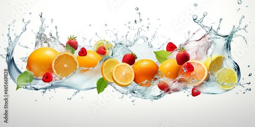 Swirl water splash with fruits. liquid flow with ice cubes and a mix of fresh fruits.