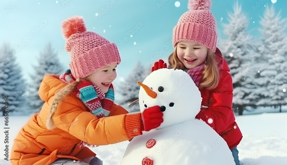 Cute children making snowman during winter season