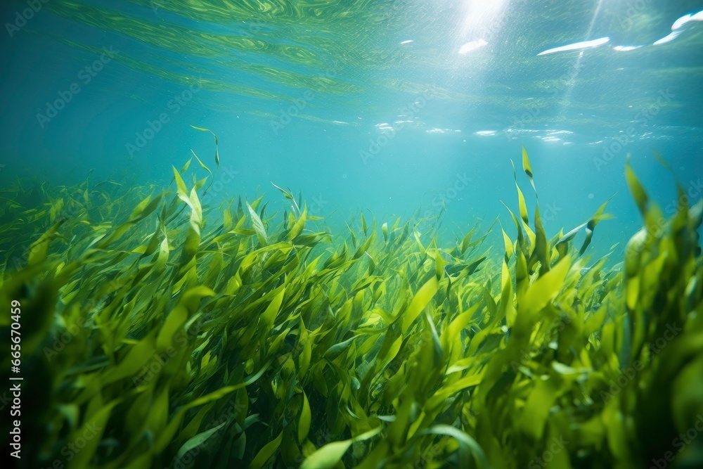Underwater view of a group of seabed with green seagrass. Underwater view of a group of seabed with green seagrass.