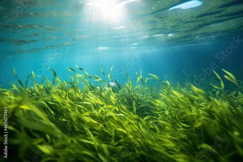 Underwater view of a group of seabed with green seagrass. © Anowar