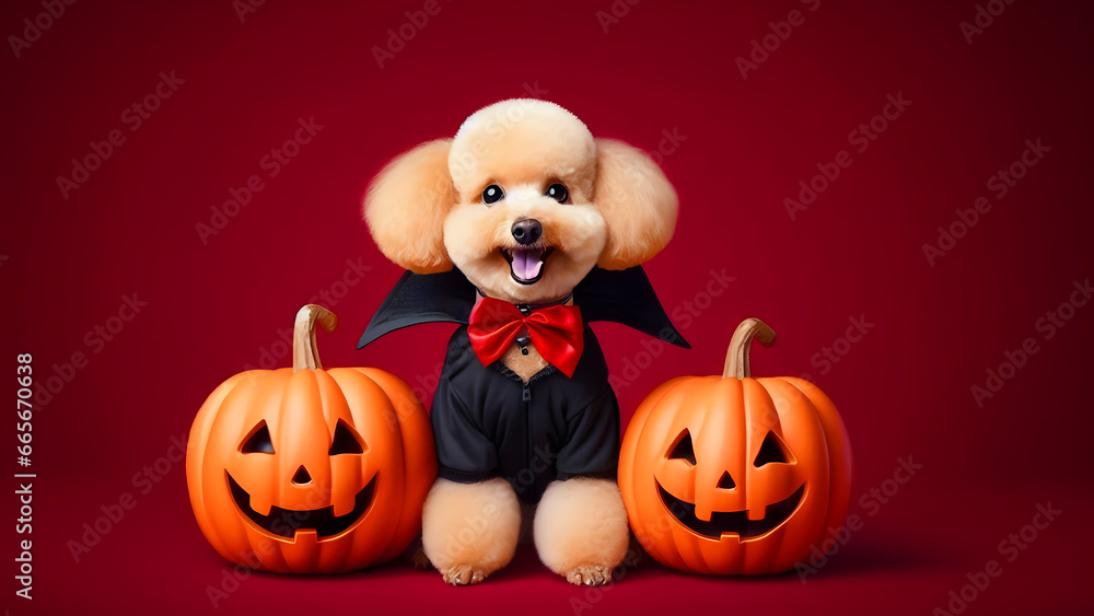 A poodle Dog wearing a vampire costume is sitting between two jack-o'-lanterns against a red background A poodle Dog wearing a vampire costume is sitting between two jack-o'-lanterns against a red background