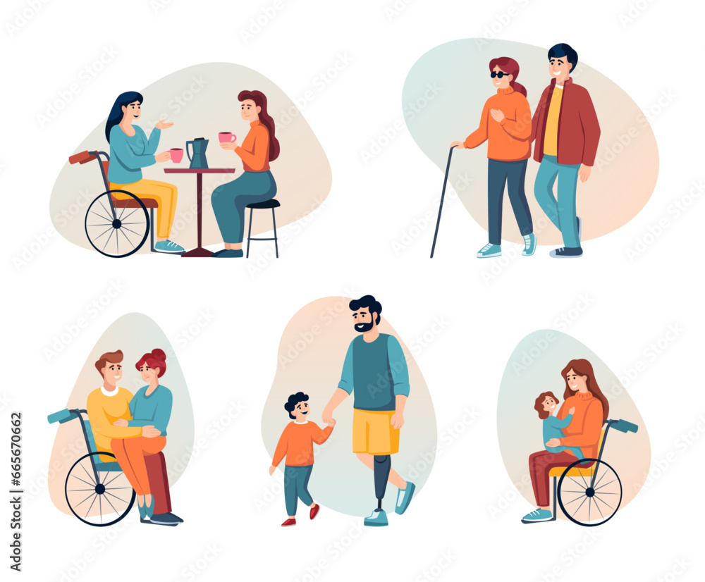 Fototapeta premium disabled people support. communicate with handicapped people in wheelchair, sick persons life, cartoon minimalistic characters supporting. vector cartoon disabled characters collection.