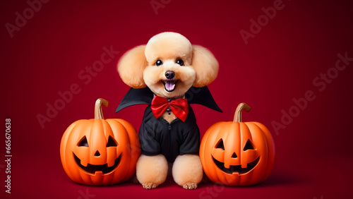 A poodle Dog wearing a vampire costume is sitting between two jack-o'-lanterns against a red background