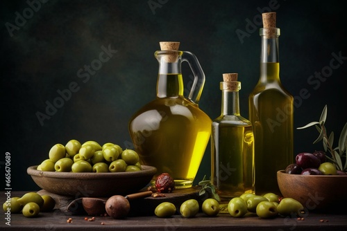 Various green olives with glass bottles of oil. Generative AI