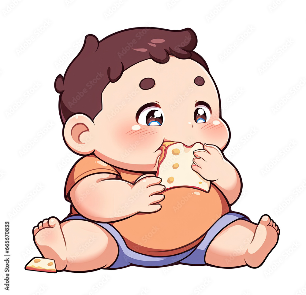 Fat toddler eating snack cute cartoon on a transparent background Png Fat toddler eating snack cute cartoon on a transparent background Png
