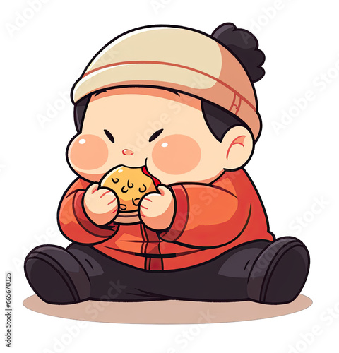 Fat Chinese child eating snack cute cartoon on a transparent background Png