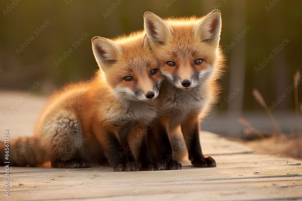 Wild baby red foxes cuddling at the beach. Wild baby red foxes cuddling at the beach.