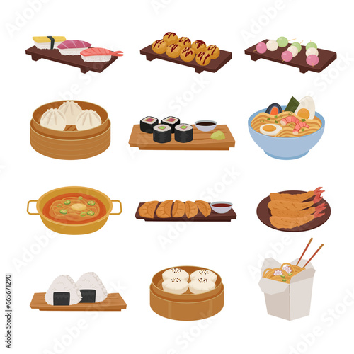 Chinese food menu. minimalistic flat cartoon delicious Chinese Asian food, chow Mein, sweet and sour chicken, spring rolls, dim sum, wonton. vector China kitchen foods collection