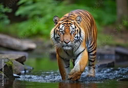 Amur tiger walking in the water. Dangerous animal. Animal in a green forest stream.