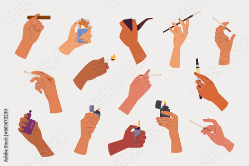hand hold cigarette. hands holding different smoking devices, vape nicotine tobacco addiction gadgets collection, smoking equipment concept. vector cartoon items set.