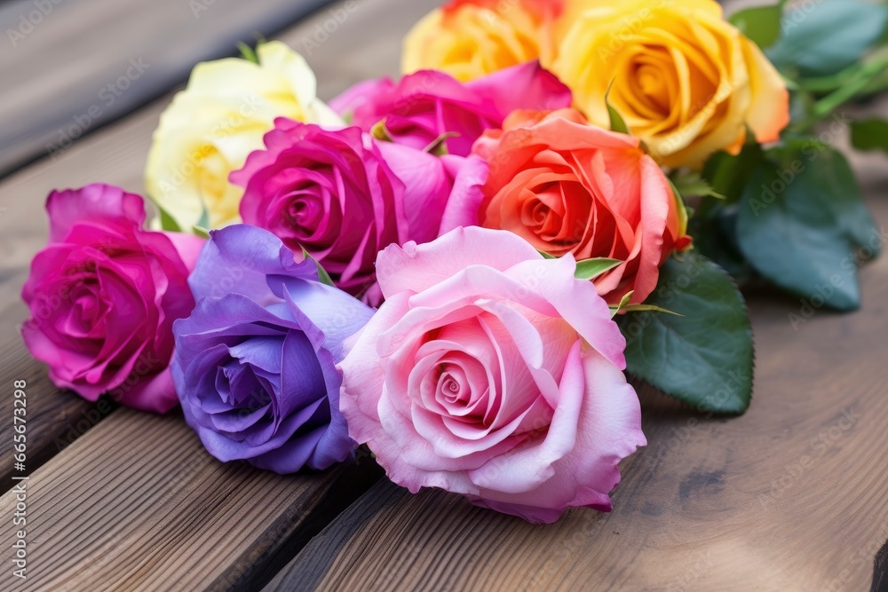 Bunch of multi colored roses on wooden planks, happy birthday lying on planks. Bunch of multi colored roses on wooden planks, happy birthday lying on planks.