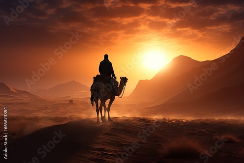a silhouette of an arab man riding a camel in desert with sun in background © DailyLifeImages