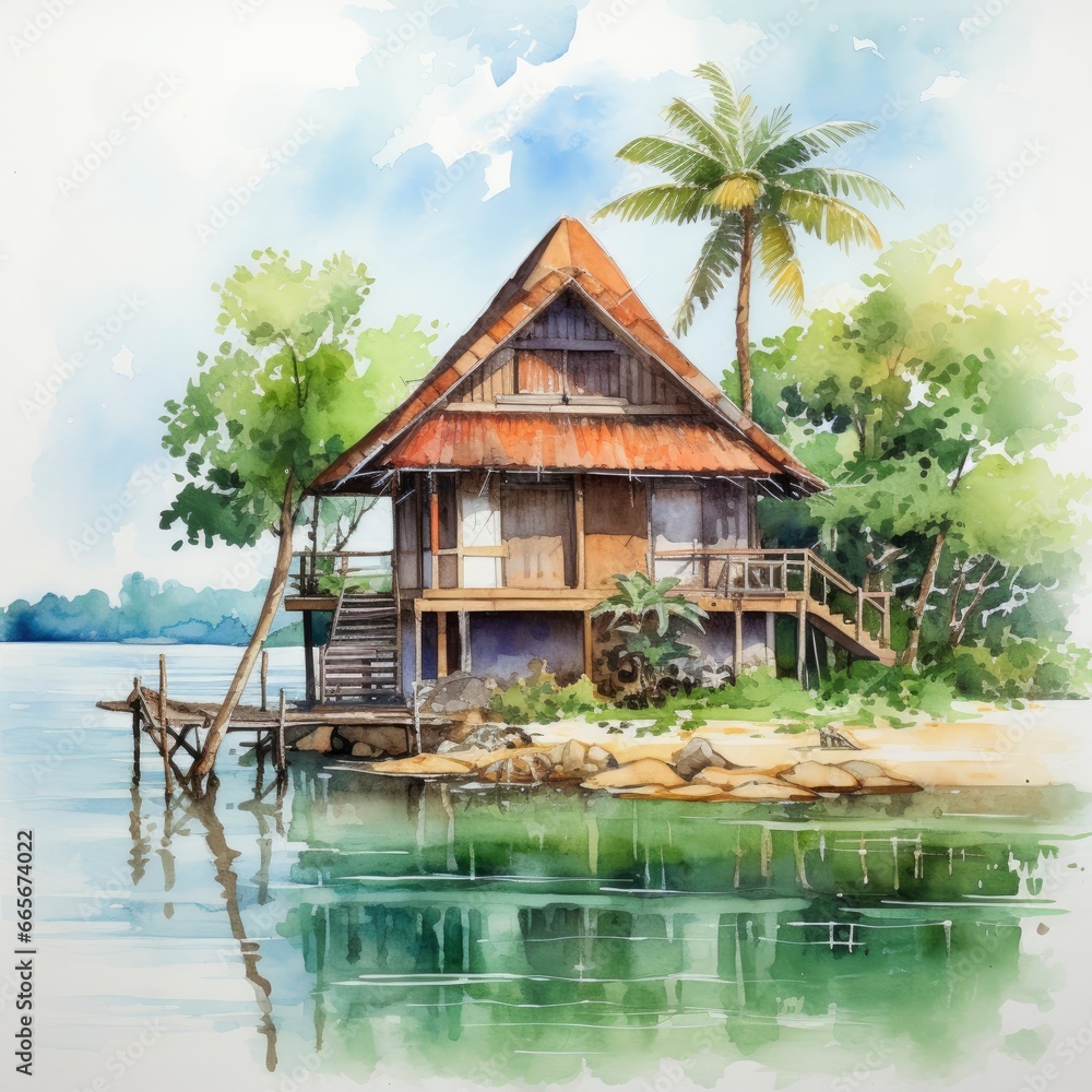 A watercolored bright serene image of a traditional bahay kubo. A watercolored bright serene image of a traditional bahay kubo.